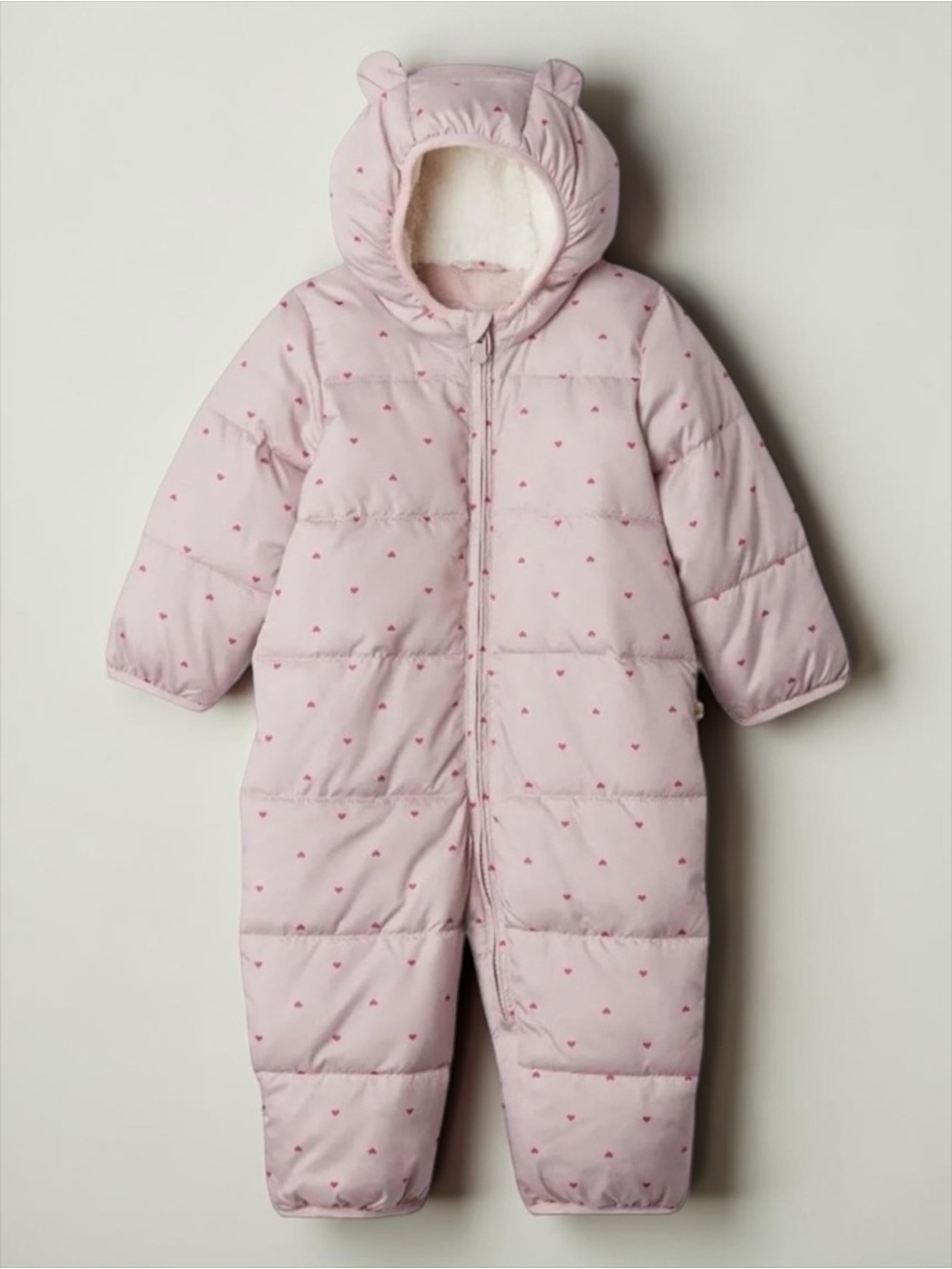 GAP EUC Pink Heart Print Fleece Lined Convertible Hand Feet Puffer Snowsuit